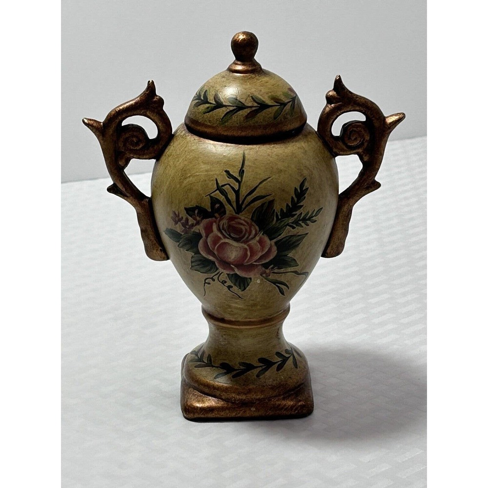 Floral Art Handpainted Ceramic Gold Urn Handle Pedestal Vase‎ W/ Lid